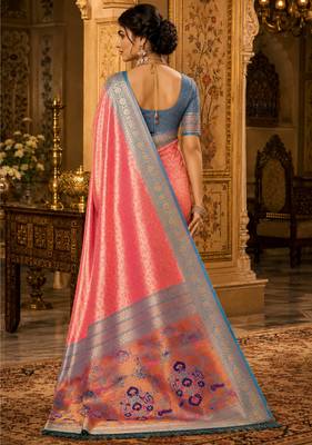 pink kanjivaram silk blend woven work traditional saree 4