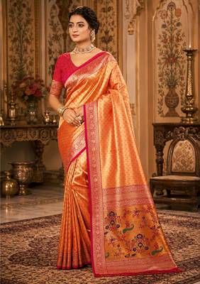 orange kanjivaram silk blend woven work traditional saree 1