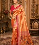 orange kanjivaram silk blend woven work traditional saree