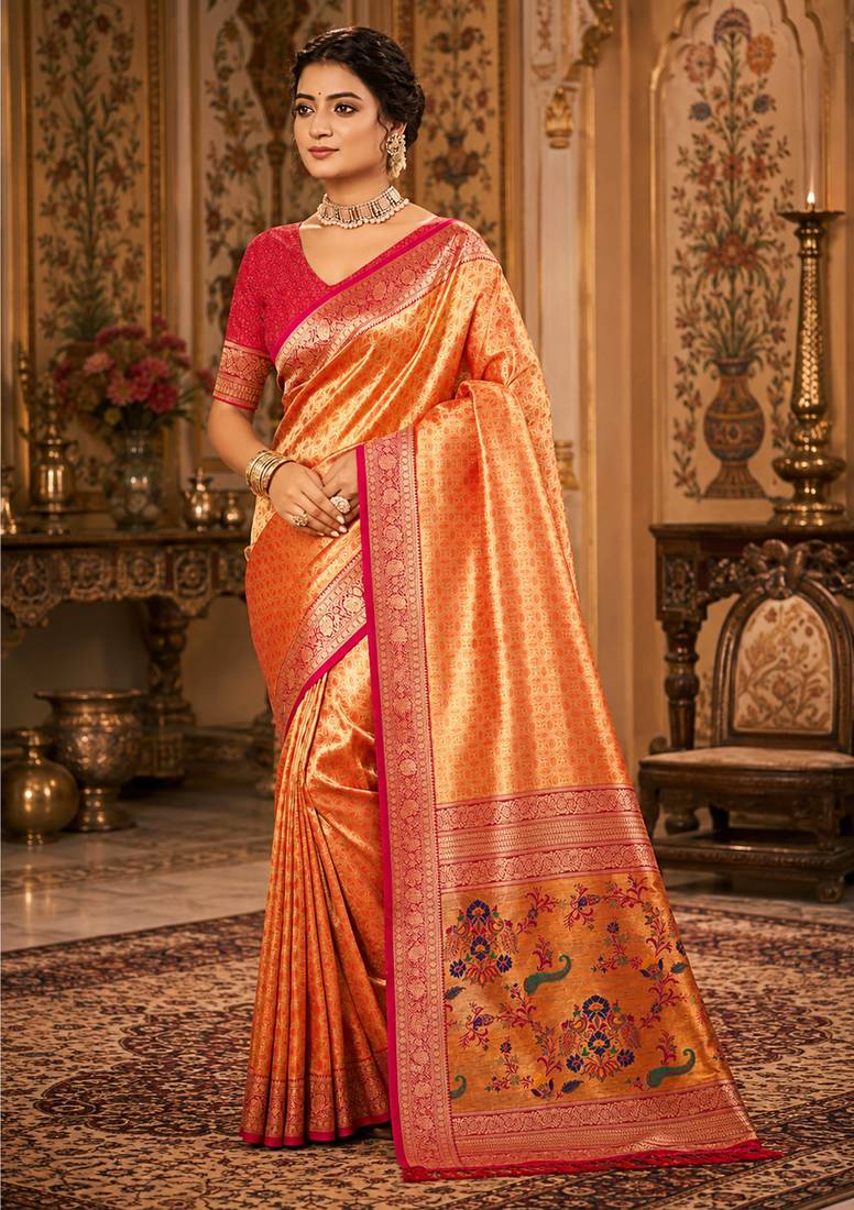 orange kanjivaram silk blend woven work traditional saree