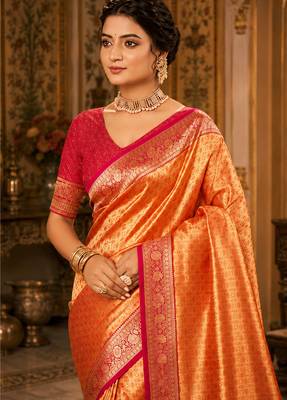 orange kanjivaram silk blend woven work traditional saree 2