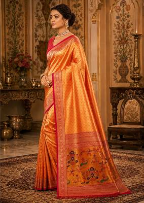 orange kanjivaram silk blend woven work traditional saree 3