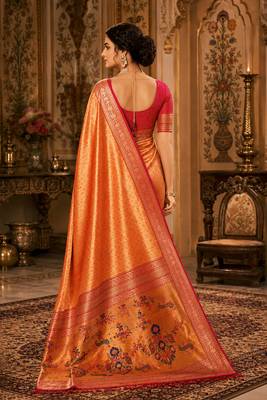 orange kanjivaram silk blend woven work traditional saree 4