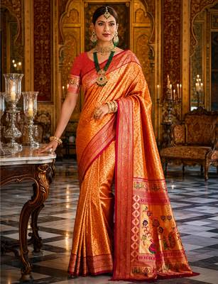 orange kanjivaram silk blend woven work traditional saree 1