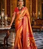 orange kanjivaram silk blend woven work traditional saree