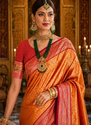 orange kanjivaram silk blend woven work traditional saree 2