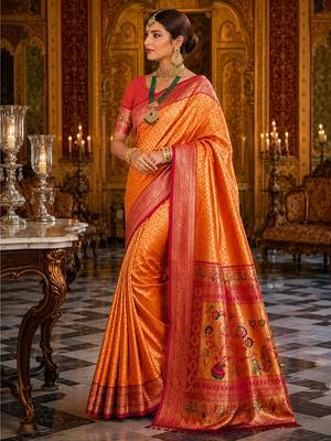 orange kanjivaram silk blend woven work traditional saree 3
