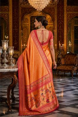 orange kanjivaram silk blend woven work traditional saree 4