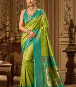 parrot green kanjivaram silk blend woven work traditional saree