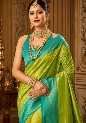 parrot green kanjivaram silk blend woven work traditional saree 2