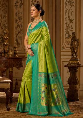 parrot green kanjivaram silk blend woven work traditional saree 3