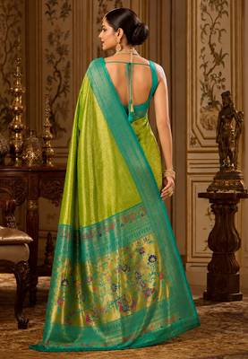 parrot green kanjivaram silk blend woven work traditional saree 4