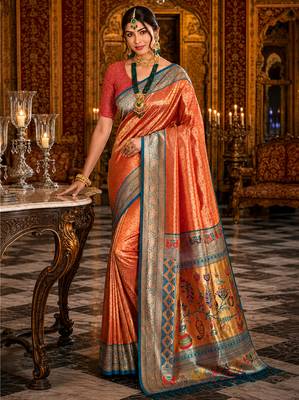 peach kanjivaram silk blend woven work traditional saree 1