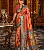 peach kanjivaram silk blend woven work traditional saree
