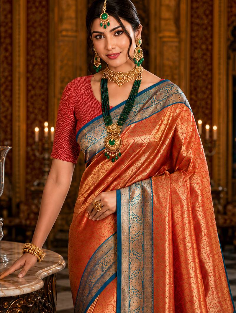peach kanjivaram silk blend woven work traditional saree