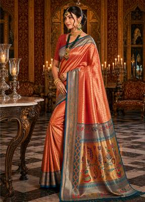 peach kanjivaram silk blend woven work traditional saree 3