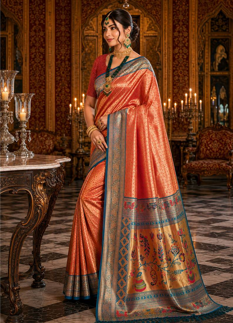 peach kanjivaram silk blend woven work traditional saree