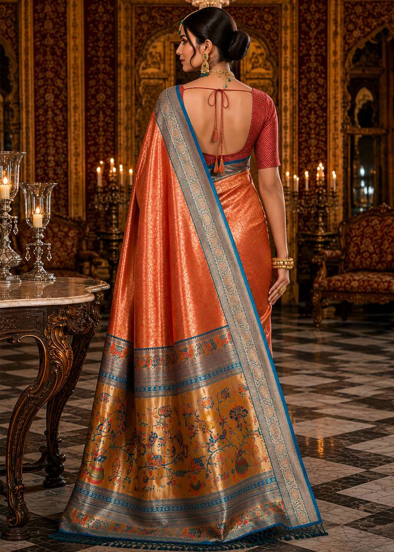 peach kanjivaram silk blend woven work traditional saree