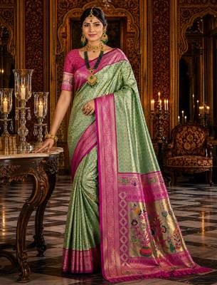 green kanjivaram silk blend woven work traditional saree 1