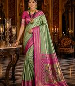green kanjivaram silk blend woven work traditional saree