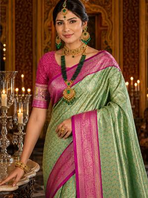 green kanjivaram silk blend woven work traditional saree 2