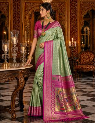green kanjivaram silk blend woven work traditional saree 3