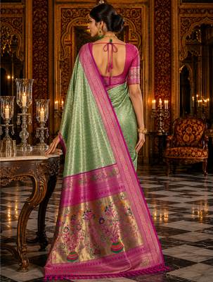 green kanjivaram silk blend woven work traditional saree 4