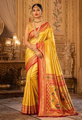 golden yellow kanjivaram silk blend woven work traditional saree 1