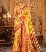 golden yellow kanjivaram silk blend woven work traditional saree