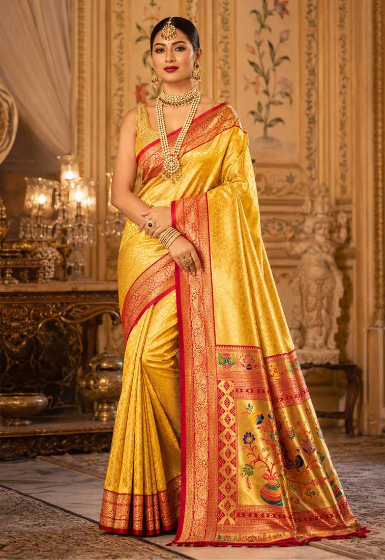 golden yellow kanjivaram silk blend woven work traditional saree