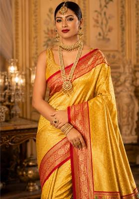 golden yellow kanjivaram silk blend woven work traditional saree 2