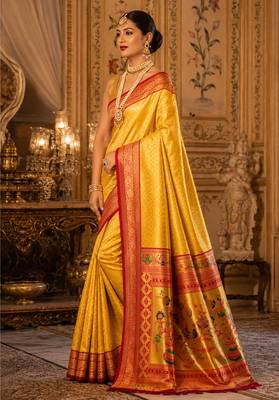 golden yellow kanjivaram silk blend woven work traditional saree 3