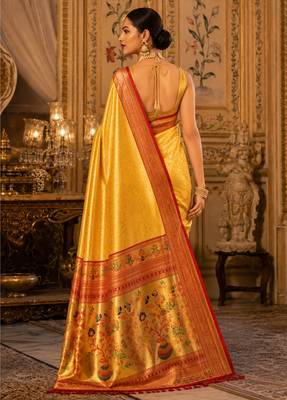 golden yellow kanjivaram silk blend woven work traditional saree 4