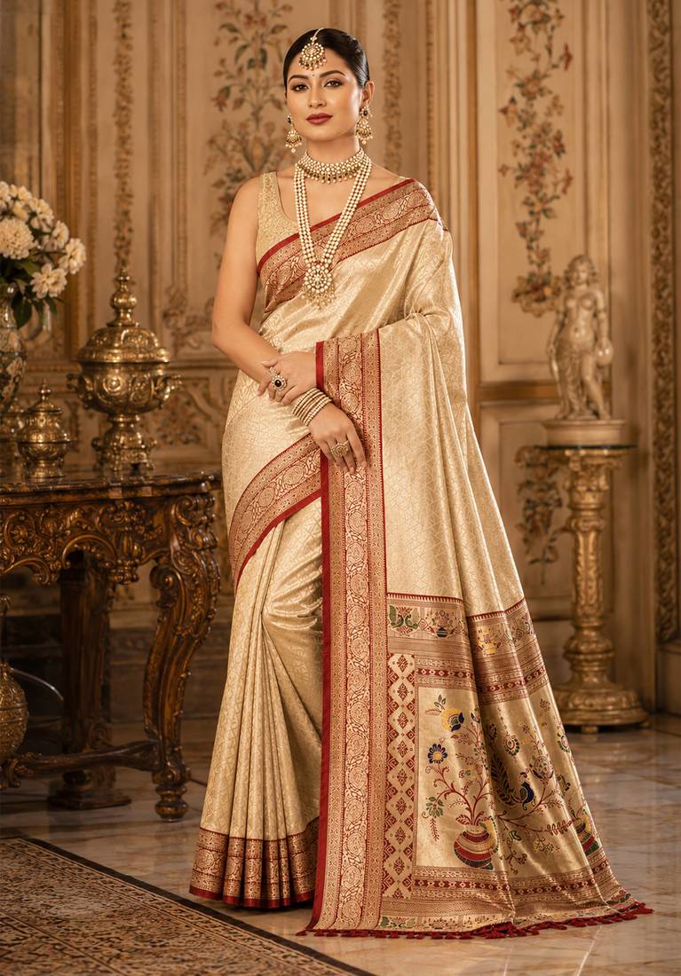 yellow kanjivaram silk blend woven work traditional saree