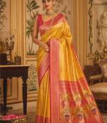 yellow kanjivaram silk blend woven work traditional saree