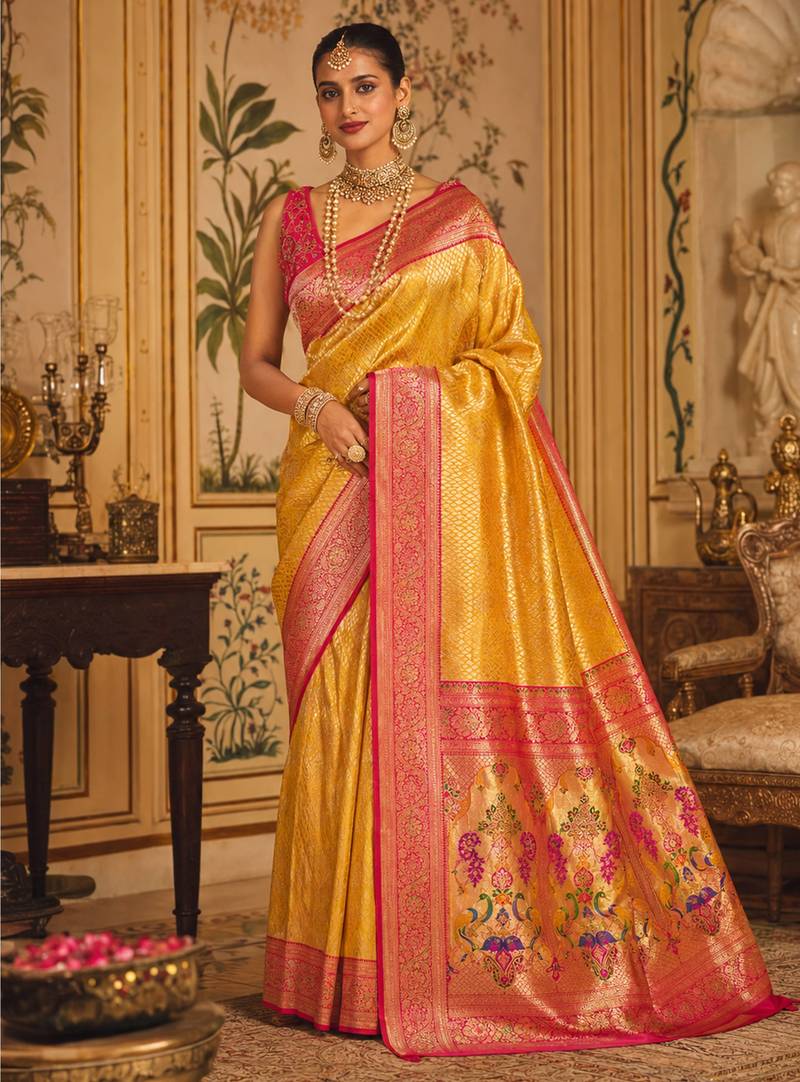 yellow kanjivaram silk blend woven work traditional saree