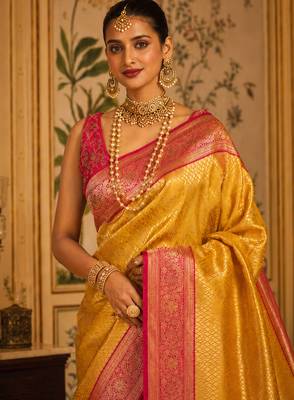 yellow kanjivaram silk blend woven work traditional saree 2