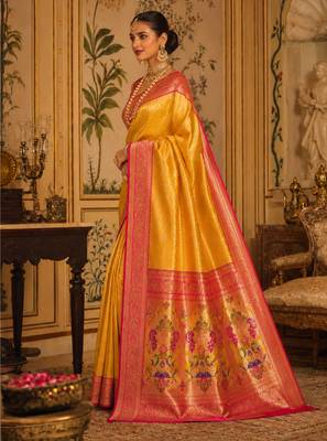 yellow kanjivaram silk blend woven work traditional saree 3