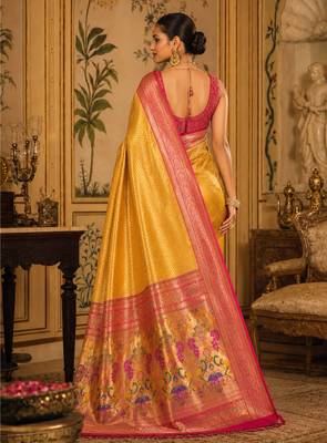 yellow kanjivaram silk blend woven work traditional saree 4