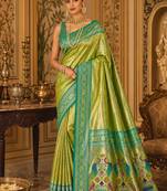 parrot green kanjivaram silk blend woven work traditional saree