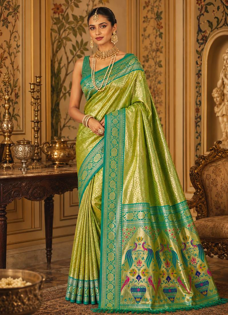 parrot green kanjivaram silk blend woven work traditional saree