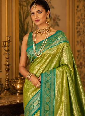 parrot green kanjivaram silk blend woven work traditional saree 2