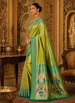 parrot green kanjivaram silk blend woven work traditional saree 3