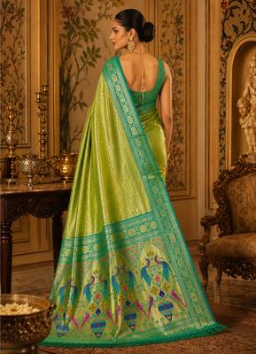 parrot green kanjivaram silk blend woven work traditional saree 4