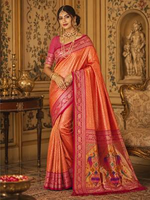 orange kanjivaram silk blend woven work traditional saree 1
