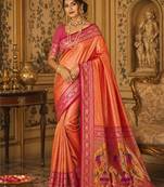 orange kanjivaram silk blend woven work traditional saree
