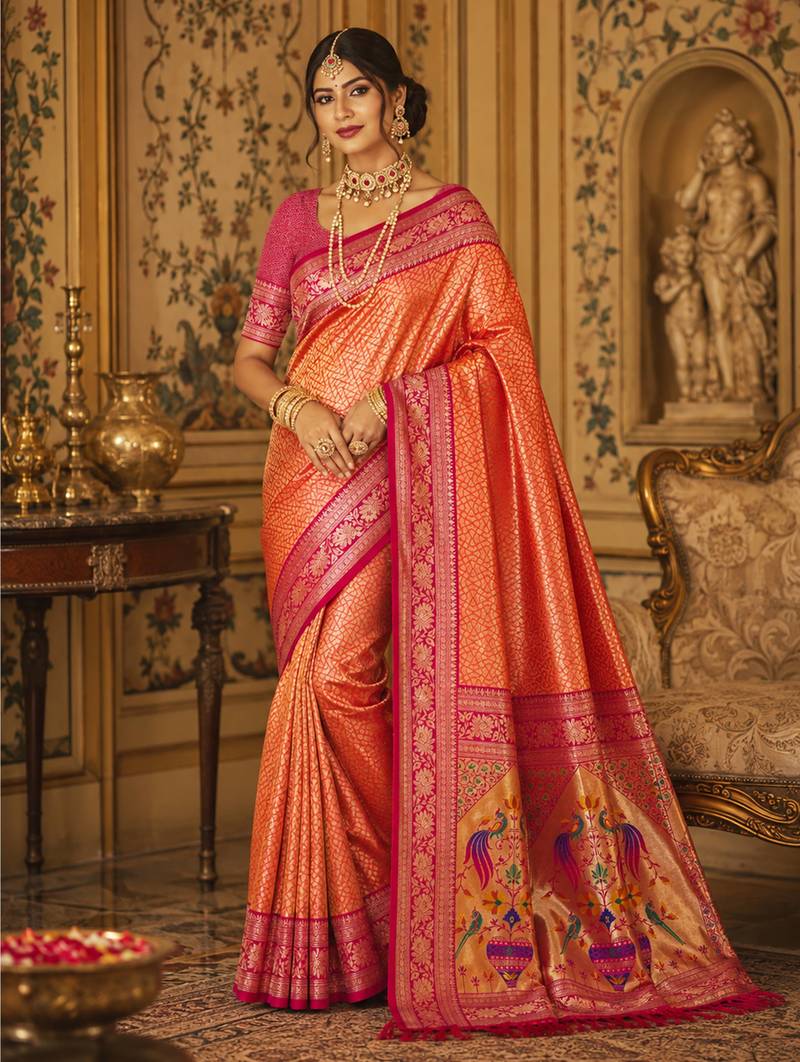 orange kanjivaram silk blend woven work traditional saree