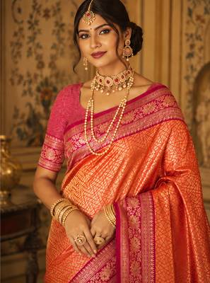 orange kanjivaram silk blend woven work traditional saree 2