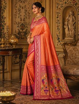 orange kanjivaram silk blend woven work traditional saree 3