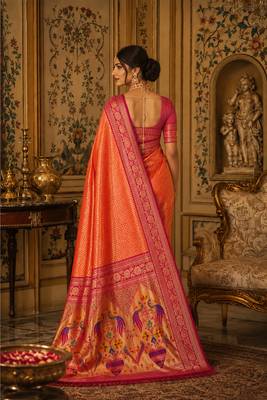 orange kanjivaram silk blend woven work traditional saree 4